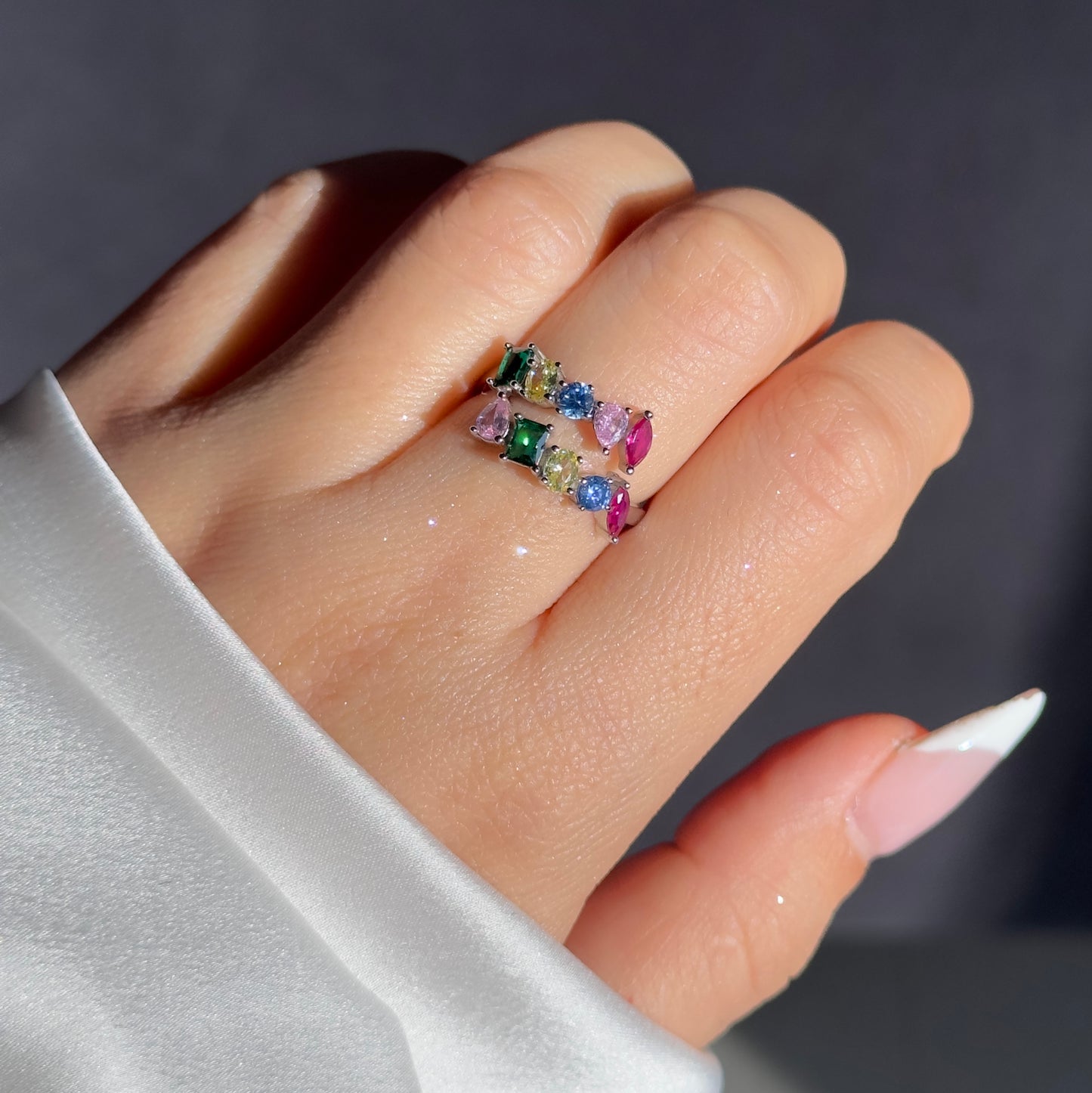 Open Front Multi-Stone Adjustable Ring