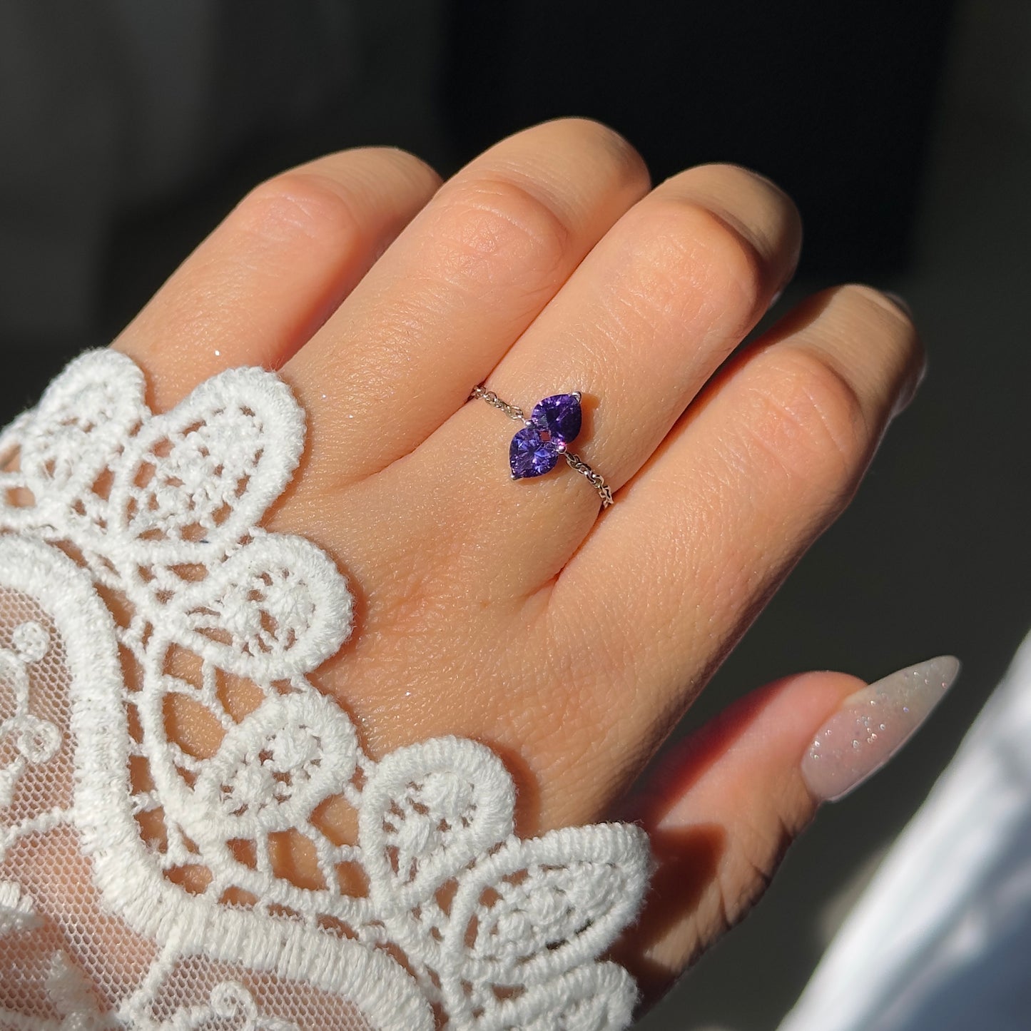 NEW! You & Me Heart Chain Ring- Amethyst