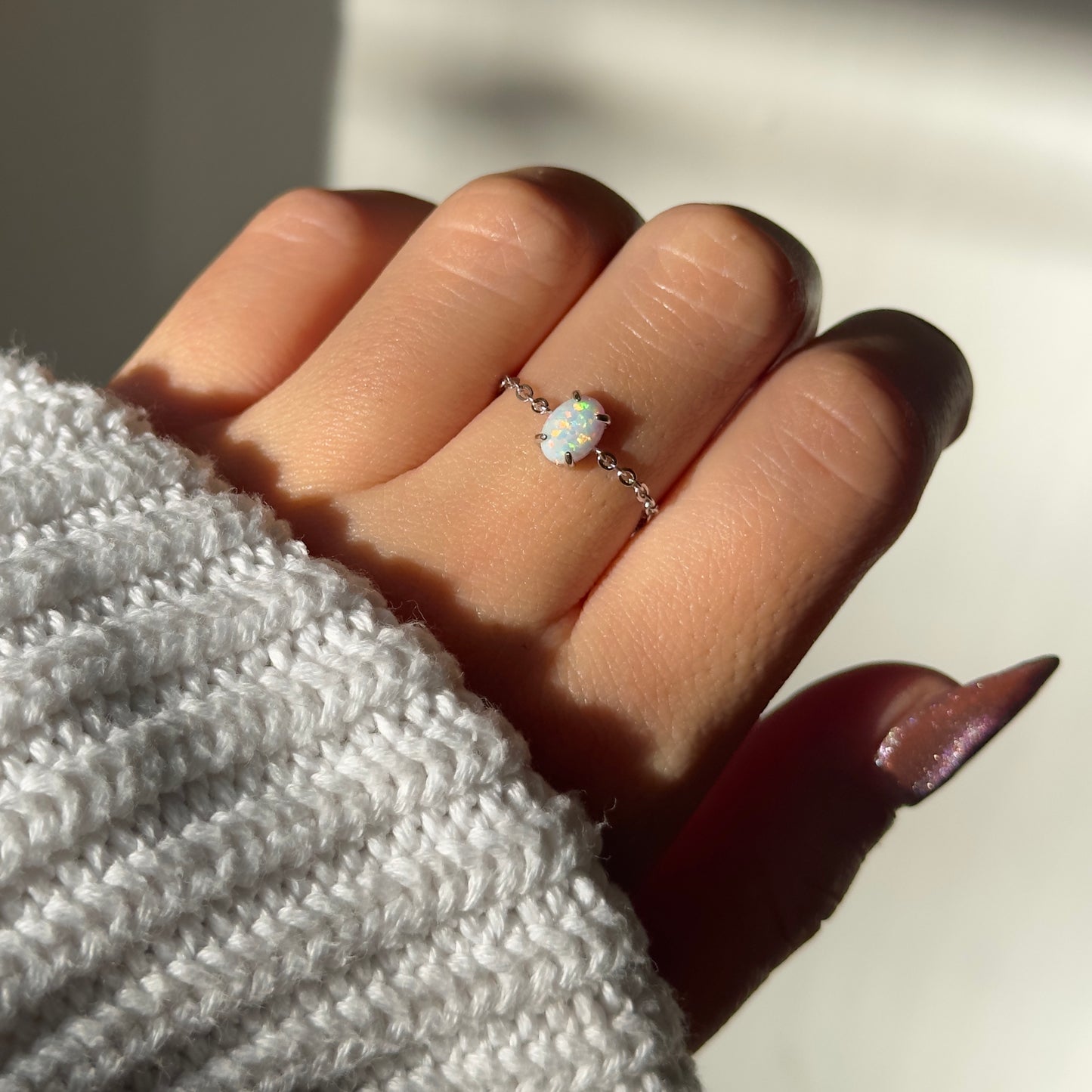 DAINTY White Opal Self-Love Chain Ring