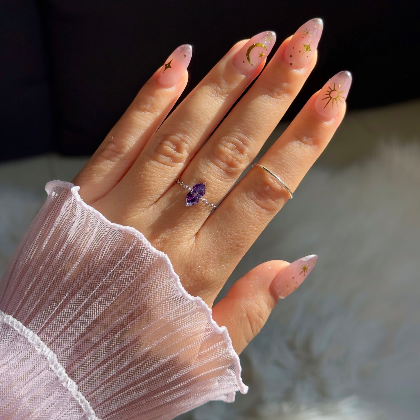 NEW! You & Me Heart Chain Ring- Amethyst