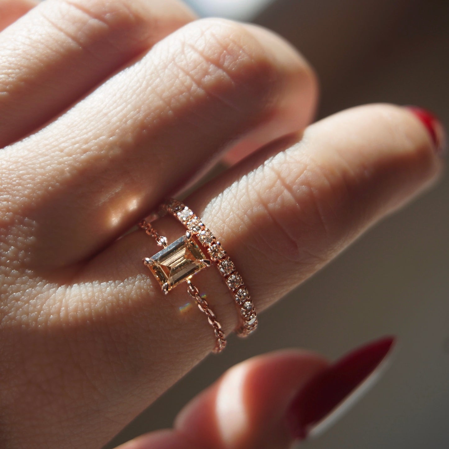 Citrine Champagne Chain Ring- Rectangle